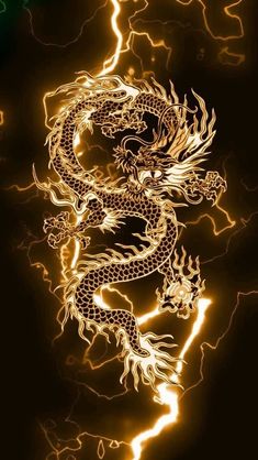 a golden dragon on a black background with some lightening in the air behind it