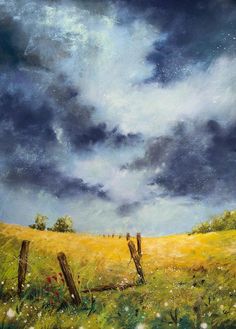 an oil painting of a field with fence posts in the foreground and storm clouds overhead