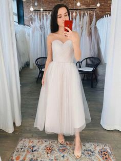 Sweetheart Tulle Tea-length Wedding Dress with Ruffles Prom Dress Tulle, Wedding Dress Color, Midi Wedding Dress, Tea Length Wedding, Ruffle Wedding Dress, Simple Prom Dress, Tea Length Wedding Dress, Tulle Prom Dress, Colored Wedding Dresses