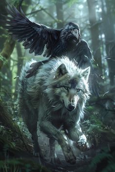 an image of two wolfs in the woods with one on it's back