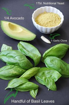 an avocado, spinach leaves and garlic are labeled