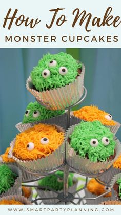 cupcakes with green and orange frosting in the shape of monster eyes are stacked on top of each other