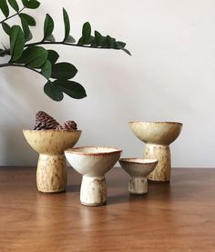 three ceramic bowls sitting on top of a wooden table next to a potted plant