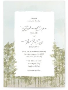 a wedding card with trees in the background