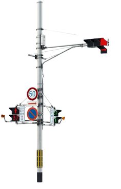 a traffic light and street sign on a pole with wires attached to it, against a white background