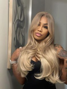 Blonde Wolf Cut Wig, Wand Curls On Blonde Wig, Classy Blue Hair, Curled Middle Part Wig, Sides For Sunday Dinner, Black Woman Wig Hairstyles, Black Outfit Blonde Hair, Blonde Curtain Bangs Black Women, Birthday Outfits Inspo Black Women