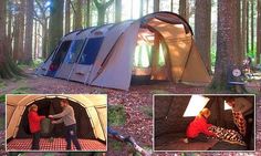 a man is setting up his tent in the woods with other pictures showing him inside