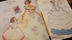 an open book with pictures of women in dresses and flowers on the pages, showing instructions for how to sew