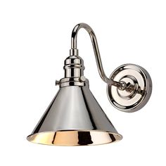 a chrome wall light with an arm and a metal shade on the side, against a white background