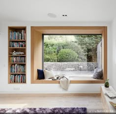 there is a window with books on the shelves in this room and it looks out onto the yard