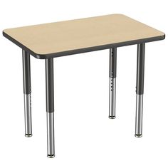 a rectangular table with two metal legs and a wooden top on an isolated white background