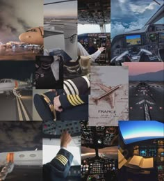 a collage of photos showing the inside of an airplane cockpit and various aircrafts