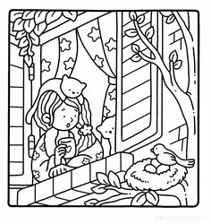 a coloring page with a girl looking out the window at a bird and her nest