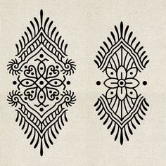 two black and white designs are shown on a beige background, each with an intricate design