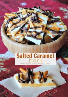 salted caramel bark with chocolate and marshmallows on top in a wooden bowl