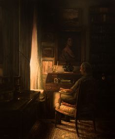 a painting of a person sitting at a desk in a dark room