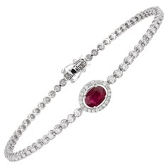 BRACELET 18K White Gold Diamond 1.08 Cts/88 Pcs RUBY 0.89 Cts/1 Pcs Luxury Red Diamond Bracelet For Gift, Solitaire Bracelet, Diamonds Bracelet, Bracelet Tennis, Ruby Bracelet, Bracelet Diamond, White Gold Bracelet, Ruby Jewelry, Jewelry Lookbook