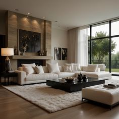 a modern living room with white furniture and large windows overlooking the trees in the distance