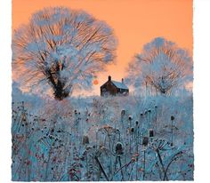 a painting of a house in the middle of a field with tall grass and trees