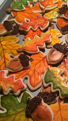 cookies decorated with leaves and acorns on a tray