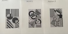 four black and white drawings are shown in three different sections, each with an abstract design