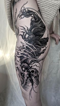 a woman's leg with tattoos on it and an image of a dragon in the background