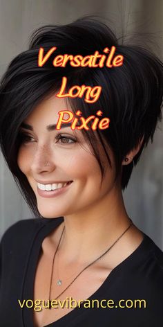 Versatile long pixie cut with disconnected layers, offering various styling options and suitable for all ages and face shapes. Ideal for those with a few extra minutes in the morning and works well for any lifestyle. Pixie With Long Front Pieces, Long Pixie Hairstyles For Thinning Hair, Reverse Pixie Haircut, Pixie From The Back, Women Long Pixie Haircut, Elongated Pixie Haircut, Edgy Pixie Bob Haircut, Long Pixie With Side Swept Bangs, Transition From Pixie To Bob Growing Out Short Hair