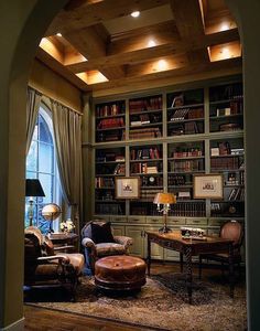 a living room filled with furniture and bookshelves covered in lots of bookcases