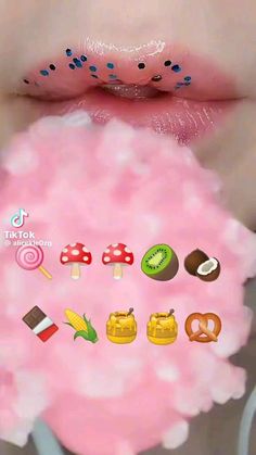 a close up of a person's lips with different types of food on them