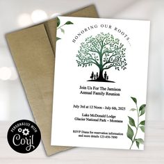 a card with an image of a family tree and the words, looking our roots on it