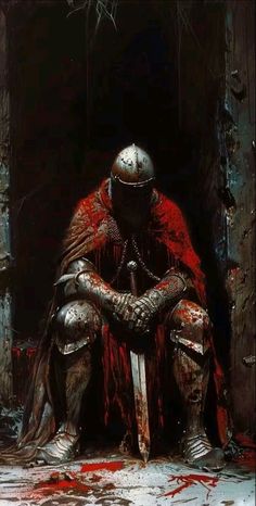 Red Knight Aesthetic, Knight Wallpaper Medieval, Dark Fantasy Knight, Medieval Fantasy Art, Knight Pfp, Blood Knight, Knight Painting, Knight Aesthetic, Dark Medieval