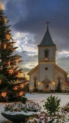 a church with christmas trees and lights in the snow