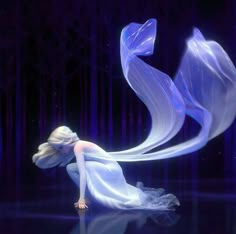 a woman with long white hair is dancing in the dark, wearing a flowing dress