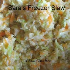 a close up of food on a plate with the words sara's freezer slaw