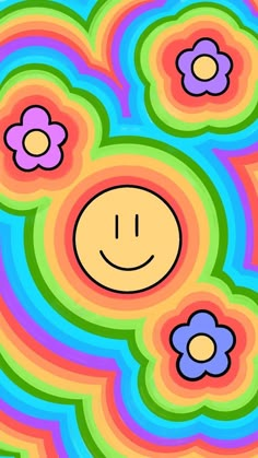 an abstract painting with flowers and a smiley face