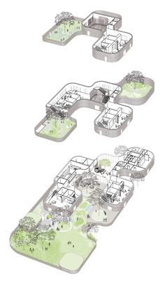 three diagrams showing the various sections of an outdoor area with trees, grass and buildings