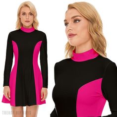 Immerse yourself in the timeless allure of our 60s Dress Style with this captivating Pink and Black Mod Dress. A true GOGO Dress, this piece seamlessly captures the essence of 60s fashion with its striking Black and Pink color block design. Expertly crafted from sumptuous 100% polyester velour material, this Retro Dress not only pays homage to the iconic era but also ensures a comfortable and stylish fit for the contemporary wearer. The turtle neckline and princess-style bodice add a touch of so Retro Fitted Mini Dress, Fitted Retro Mini Dress, Fitted Retro Mini Dress For Parties, Mod Long Sleeve Dresses, Retro Long Sleeve Dress For Night Out, Retro Long Sleeve Mini Dress For Party, Retro Stretch Mini Dress, Fitted Knee-length Retro Mini Dress, Fitted Long Sleeve Mod Dress