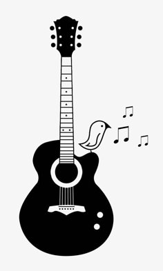 an acoustic guitar with musical notes coming out of the top and bottom, on a white background