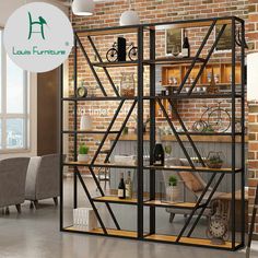 an open shelving unit in front of a brick wall with the words louis furniture on it