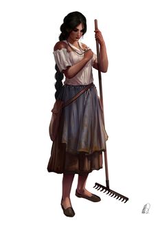 a woman holding a broom and wearing a dress