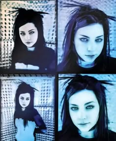 four different pictures of a woman with long black hair and blue eyes, one in the middle