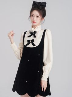 ❤Stand Up Collar Ruffle French Faux Faux Two Piece Dress❤︎ Rich Daughter, College Skirt, Womens Velvet Dresses, Stand Up Collar, Korean Dress, Crop Top And Shorts, Sweet Dress, Two Piece Dress, Piece Dress