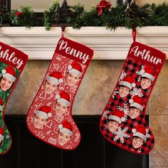 three christmas stockings hanging from a mantel decorated with family pictures and name on them