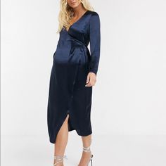 Navy Blue Wrap Midi Satin Nwt Satin Maternity Dress, Maternity Tracksuit, Formal Maternity Dress, Midi Skater Dress, Nursing Wear, Maternity Midi Dress, Asos Maternity, Wrap Midi Dress, Nursing Clothes