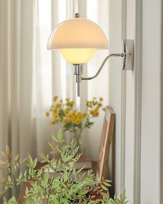 a lamp that is on the side of a wall next to a potted plant