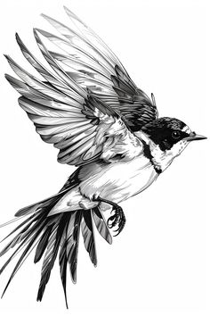 a black and white drawing of a bird flying