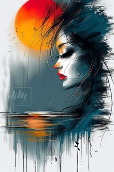 a woman's face is painted in blue, orange and white with the sun behind her