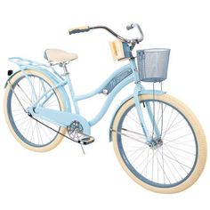 a blue bicycle with a basket on the front and back wheel, is shown against a white background