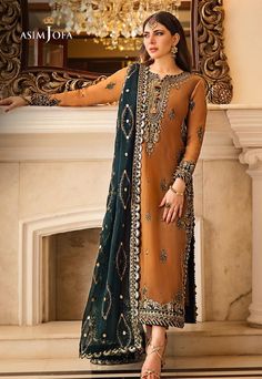 Asim Jofa Collection Gold Unstitched Suit Elegant Embroidered Fabric for Stylish Traditional Wear & Crafting Projects - Etsy Canada Pakistani Dress Design Ideas, Gold Drapes, Celana Fashion, Unstitched Suits, Embroidered Neckline, Pakistani Dress Design, Pakistani Designers, Suit Fabric