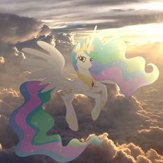 an image of a unicorn flying in the sky with clouds and sun shining behind it